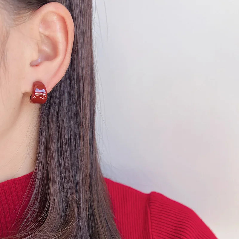 Elegant Burgundy Enamel Spiral Hoop Stud & Clip On No Piercing Chunky C Shape Alloy Ear Cuff Earrings