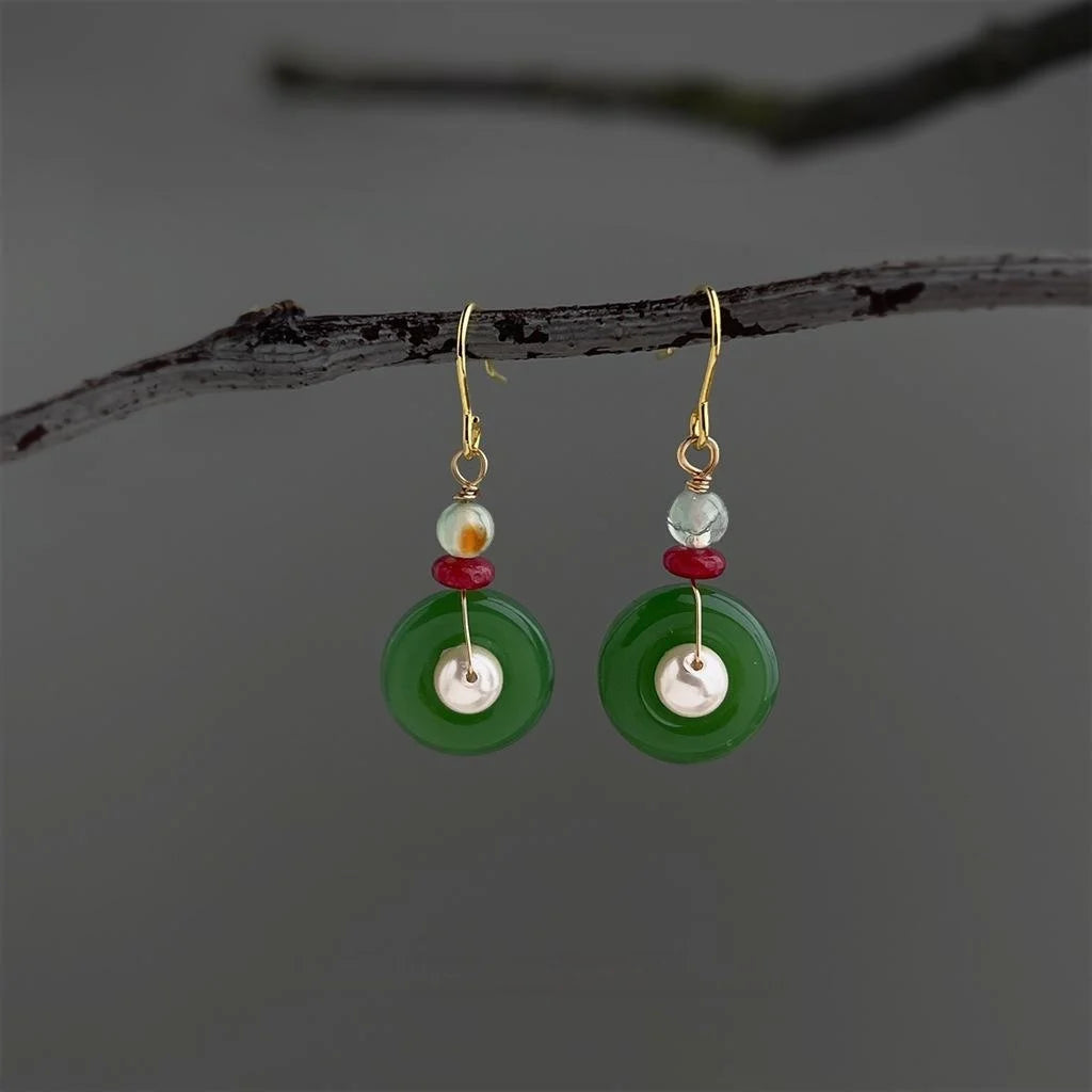 Handmade New Chinese Court Style Geometric Peace Buckle Glass Pearl Agate Drop Earrings