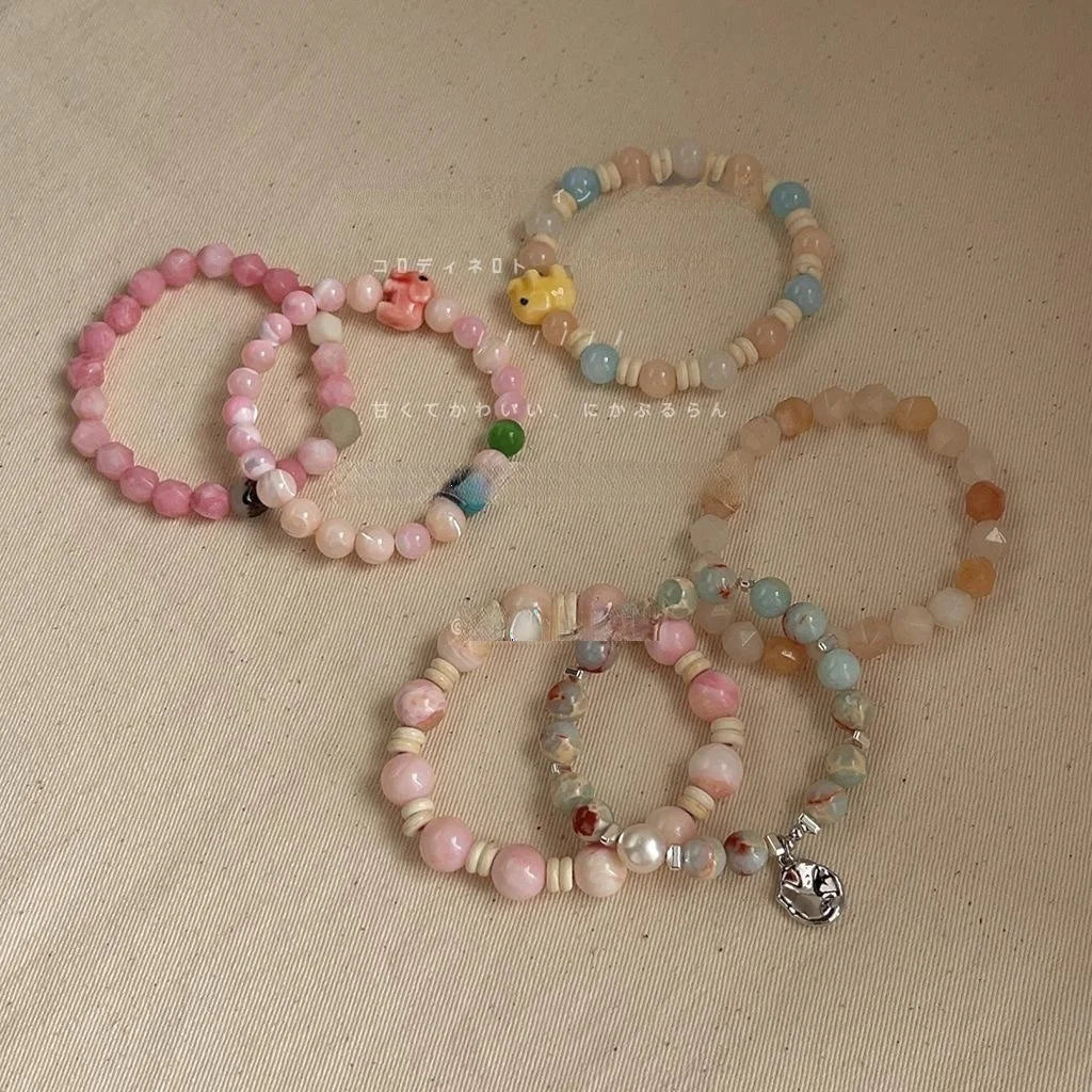 Handmade New Chinese Style Pumpkin Stone Bracelet With Geometric Ring Charm Cute Natural Stone Jewelry