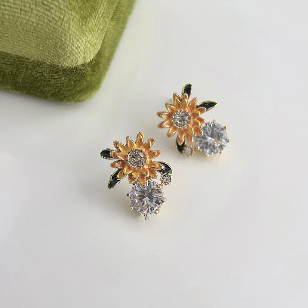 Vintage Sunflower Enamel Copper Drop Earrings With Micro Pave Zircon Floral Design