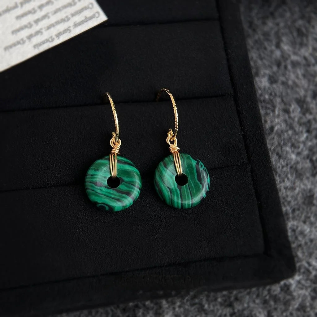 Vintage Ethnic Geometric Peace Buckle Synthetic Malachite Copper Drop Earrings