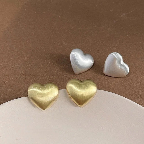 Brushed Matte Heart Stud Earrings Copper Silver Plated Pin Minimalist Everyday Jewelry