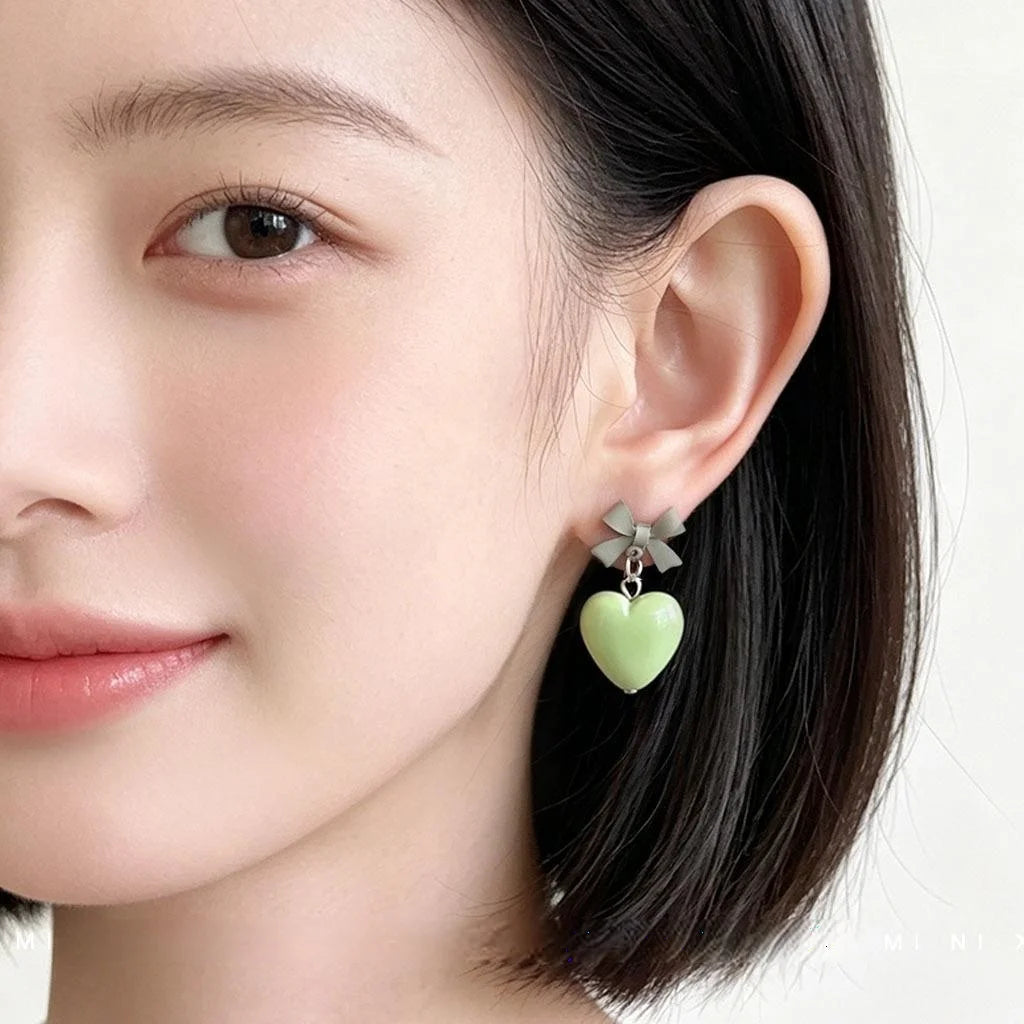 Avocado Green Resin Bow Heart Drop Earrings Sweet Fresh Dopamine Style Yiwu Jewelry