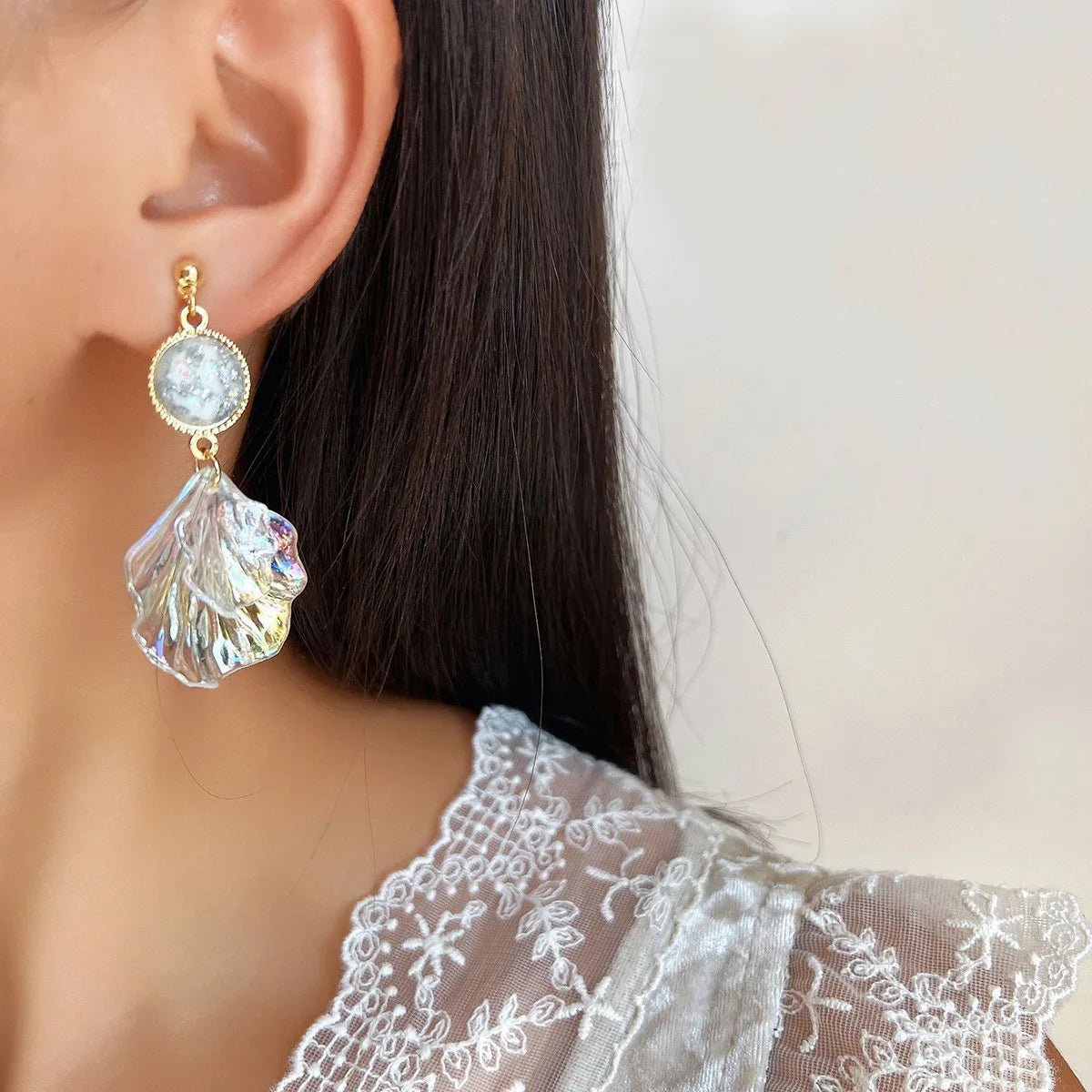 Elegant Iridescent Acrylic Shell Petal Rhinestone Stud & Clip On No Piercing Drop Earrings