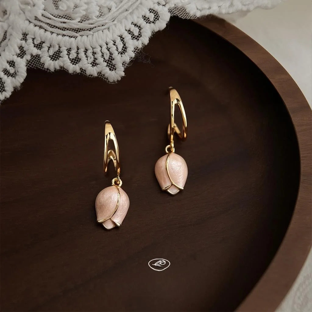 Sweet Pink Tulip Drop Earrings 14K Plated Copper Floral Oil Painting Enamel