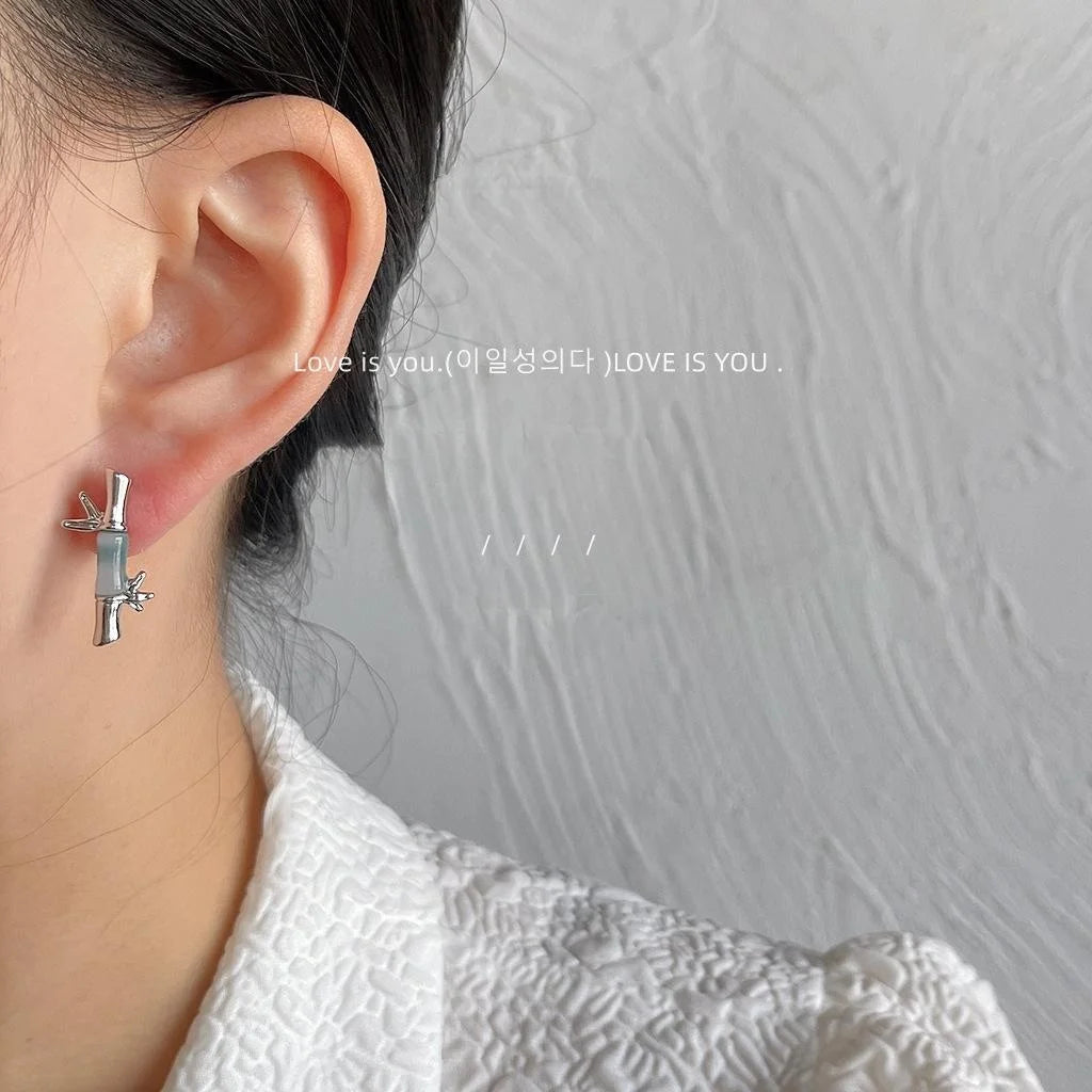 New Chinese Style Copper Bamboo Leaf Stud Earrings Minimalist Geometric Niche Design Jewelry