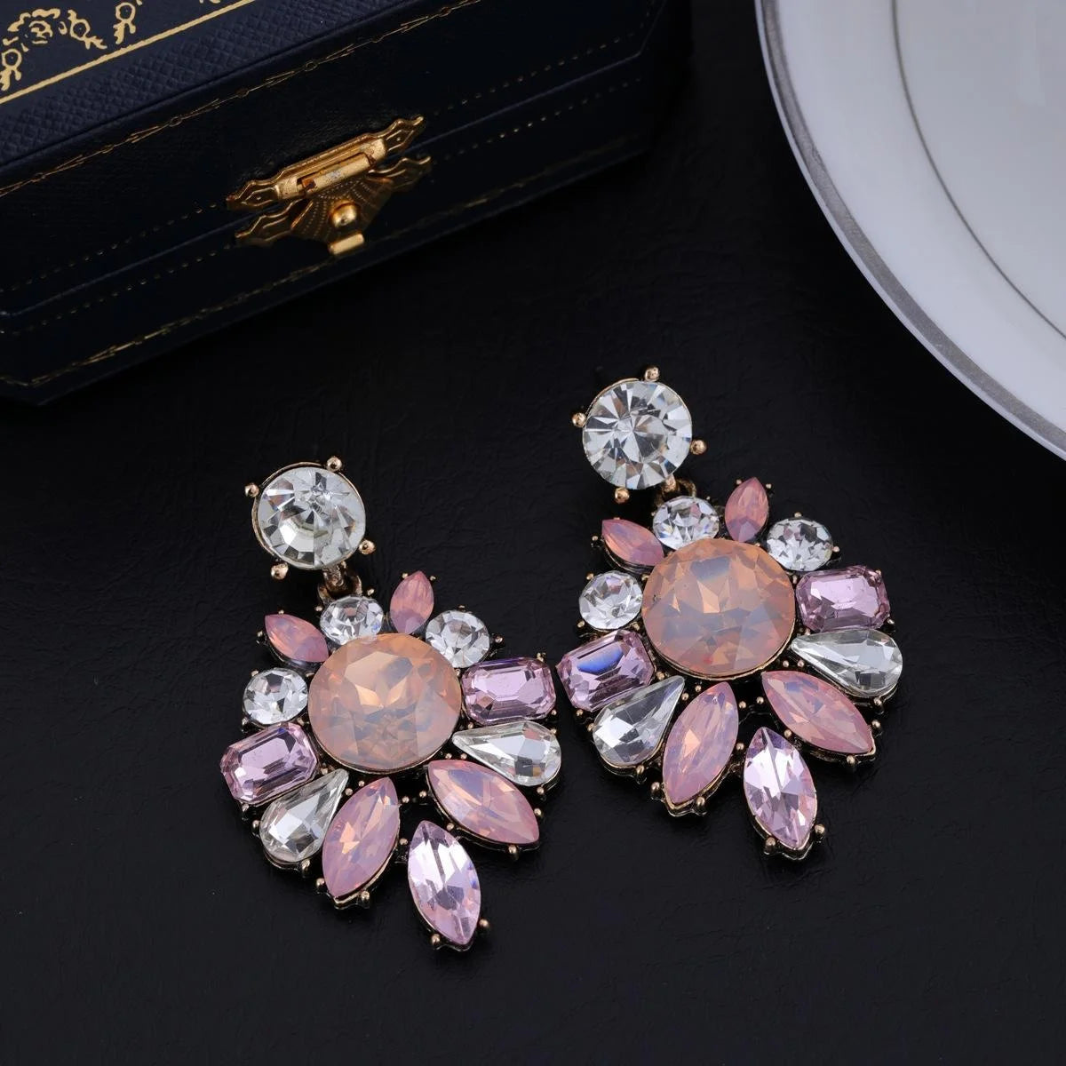 Luxury Vintage Crystal Rhinestone Flower Drop Earrings For Women Elegant Statement Wedding Party Gift