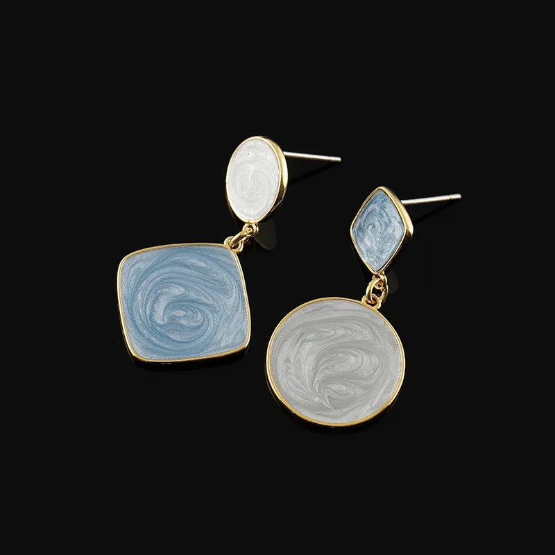 Elegant Asymmetric Blue White Enamel Alloy Geometric Disc Stud & Clip On No Piercing Drop Earrings