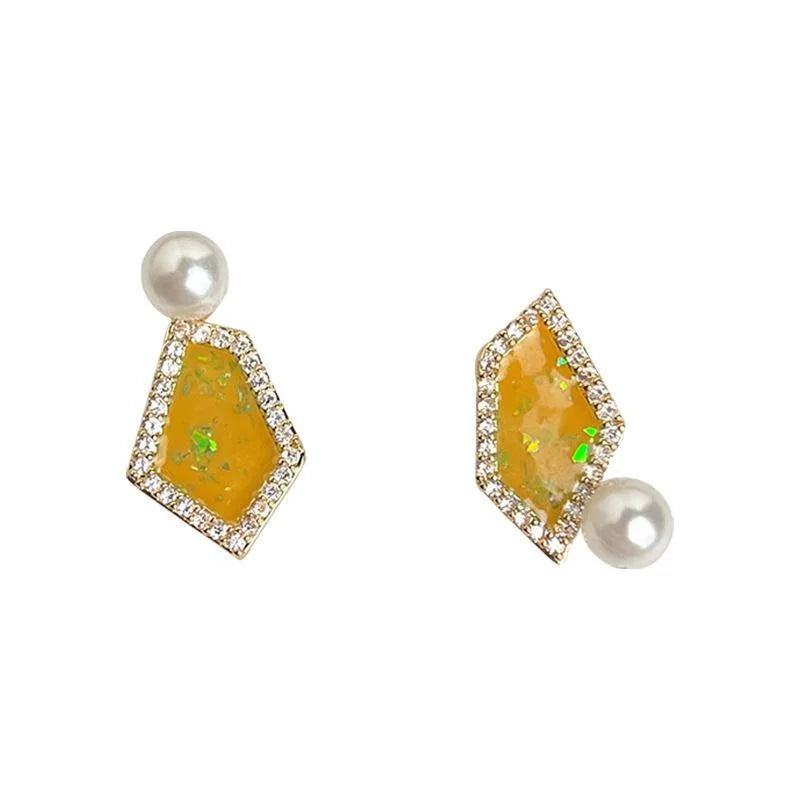 14K Gold Plated Copper Irregular Geometric Stud Earrings With Pearl Zircon Enamel Design