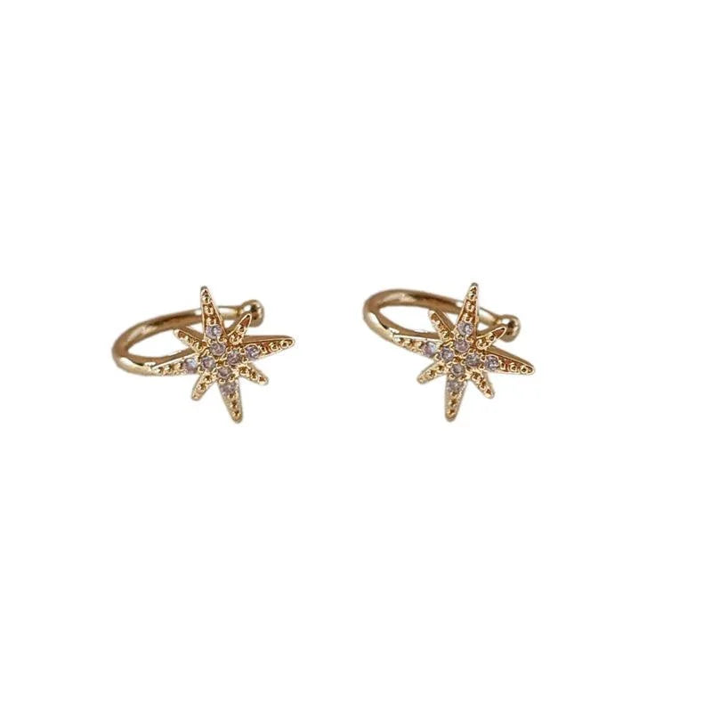 14K Gold Plated Zircon Six-Point Star Clip-On Drop Earrings Korean Minimalist Ear Cuff Jewelry