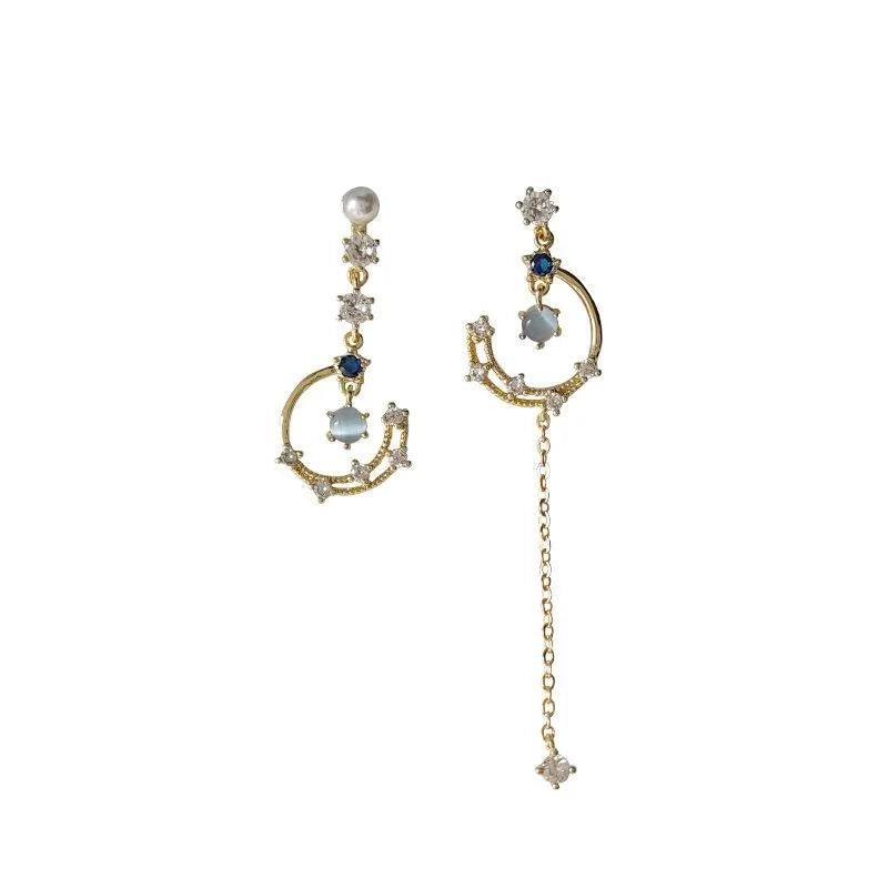 14K Gold Plated Copper Micro Pave Zircon Star Tassel Stud Earrings Asymmetric Jewelry
