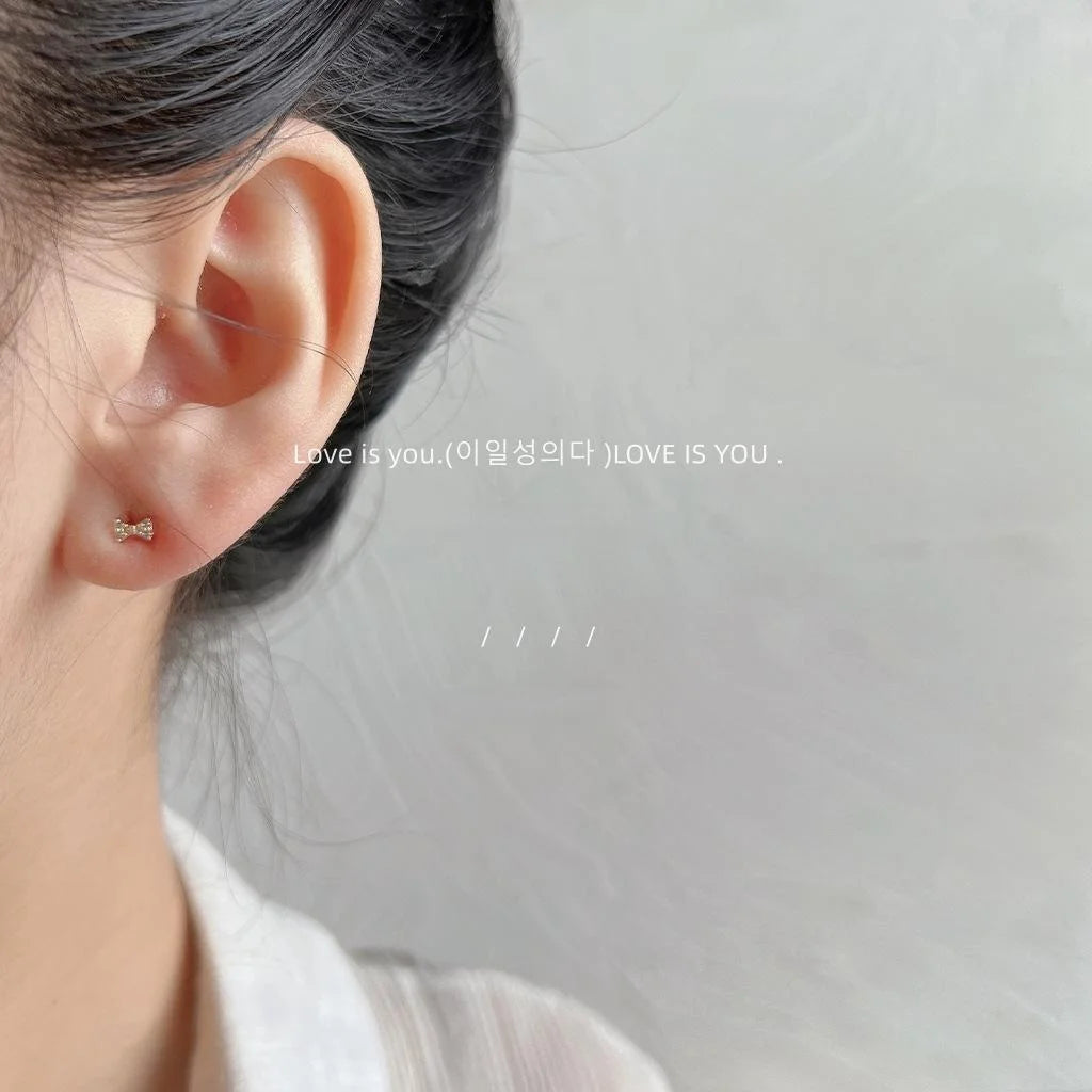 Mini Bow Stud Earrings 14K Plated Copper Micro Pave Zircon Style
