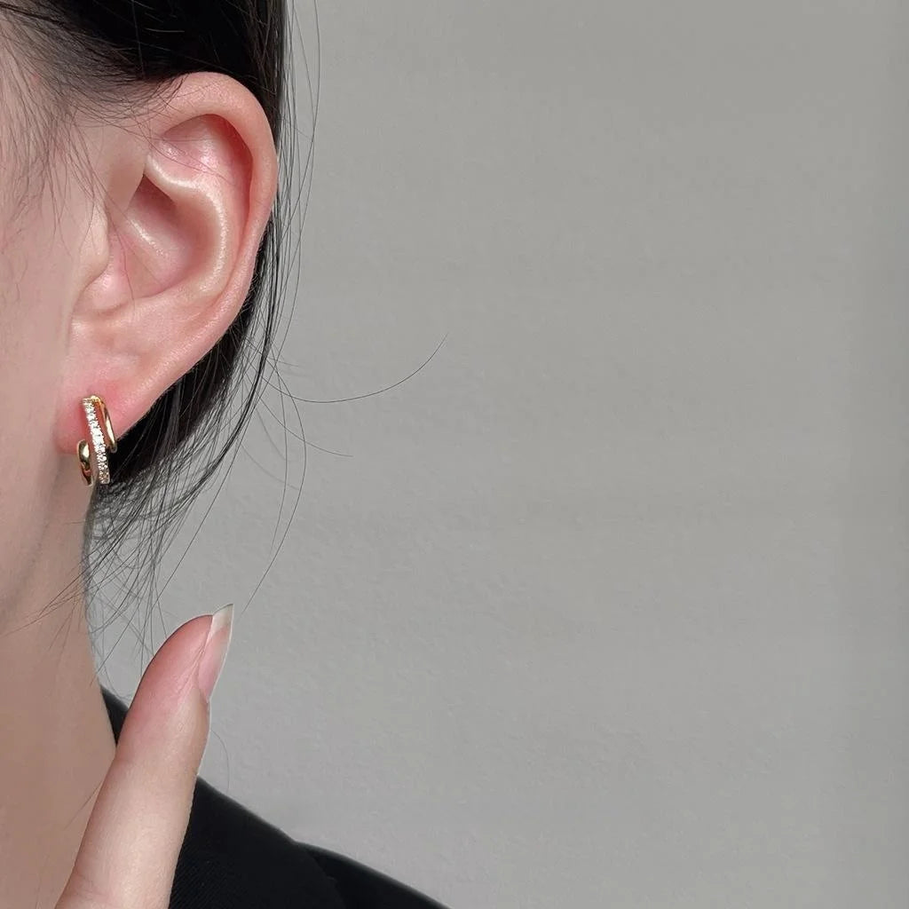 Light Luxury Copper Micro Pave Zircon Double Layer C-Shaped Hoop Earrings For Women