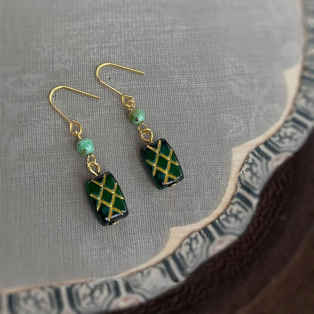 Handmade Czech Glass Drop Earrings Vintage Chinese Style Long Geometric Round Square Jewelry