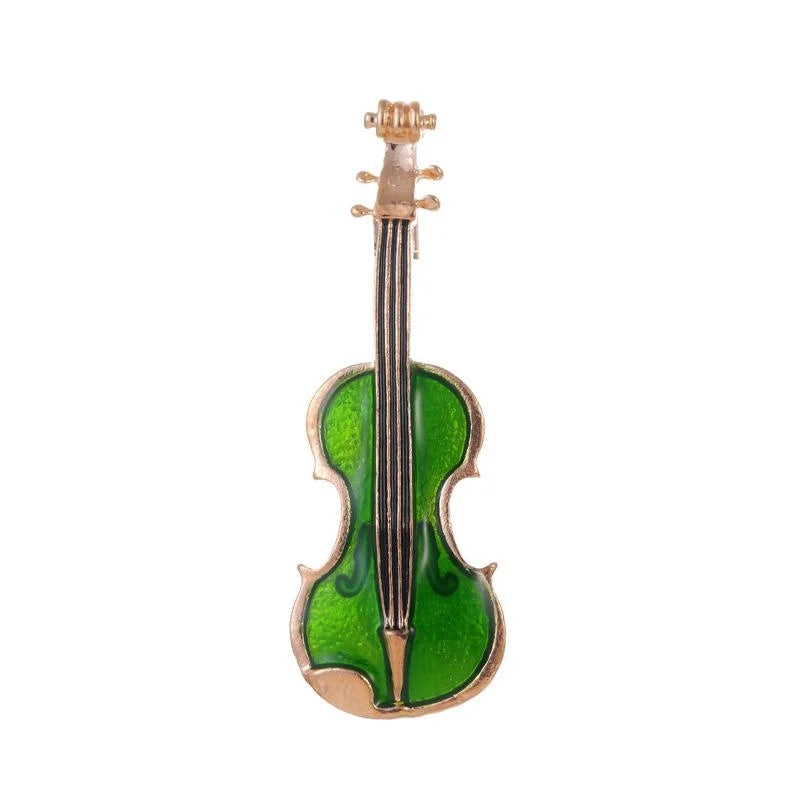 Cute Green Enamel Violin Brooch For Women, Gold Tone Alloy Musical Instrument Lapel Pin Corsage Gift