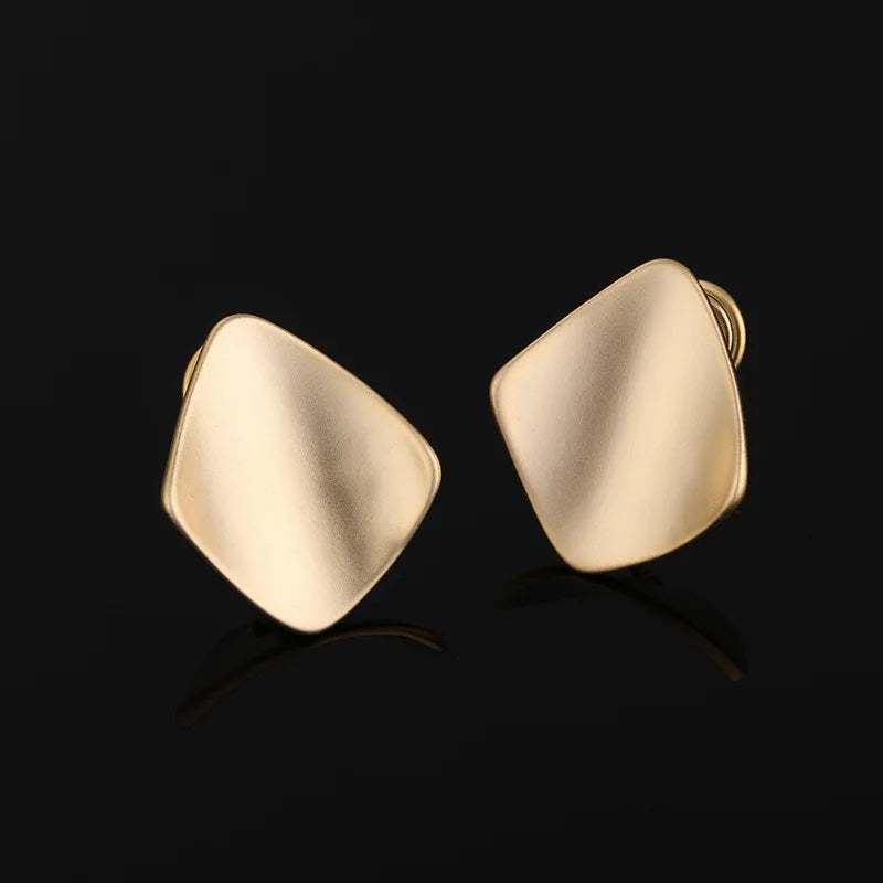 Vintage Hong Kong Style Matte Gold Alloy Diamond Square Stud & Clip On No Piercing Minimalist Earrings
