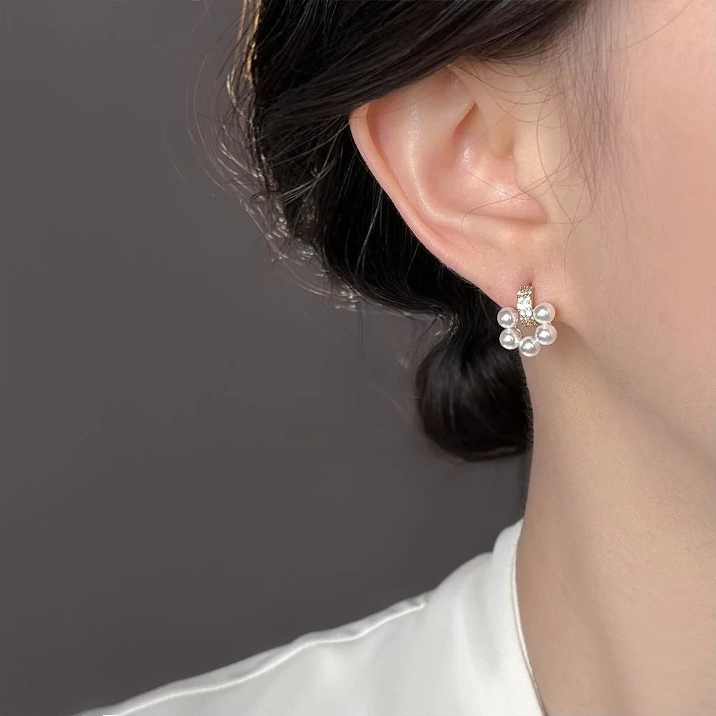 French Elegant Eco Copper Micro Pave Zircon Flower Round Pearl Stud Earrings For Women