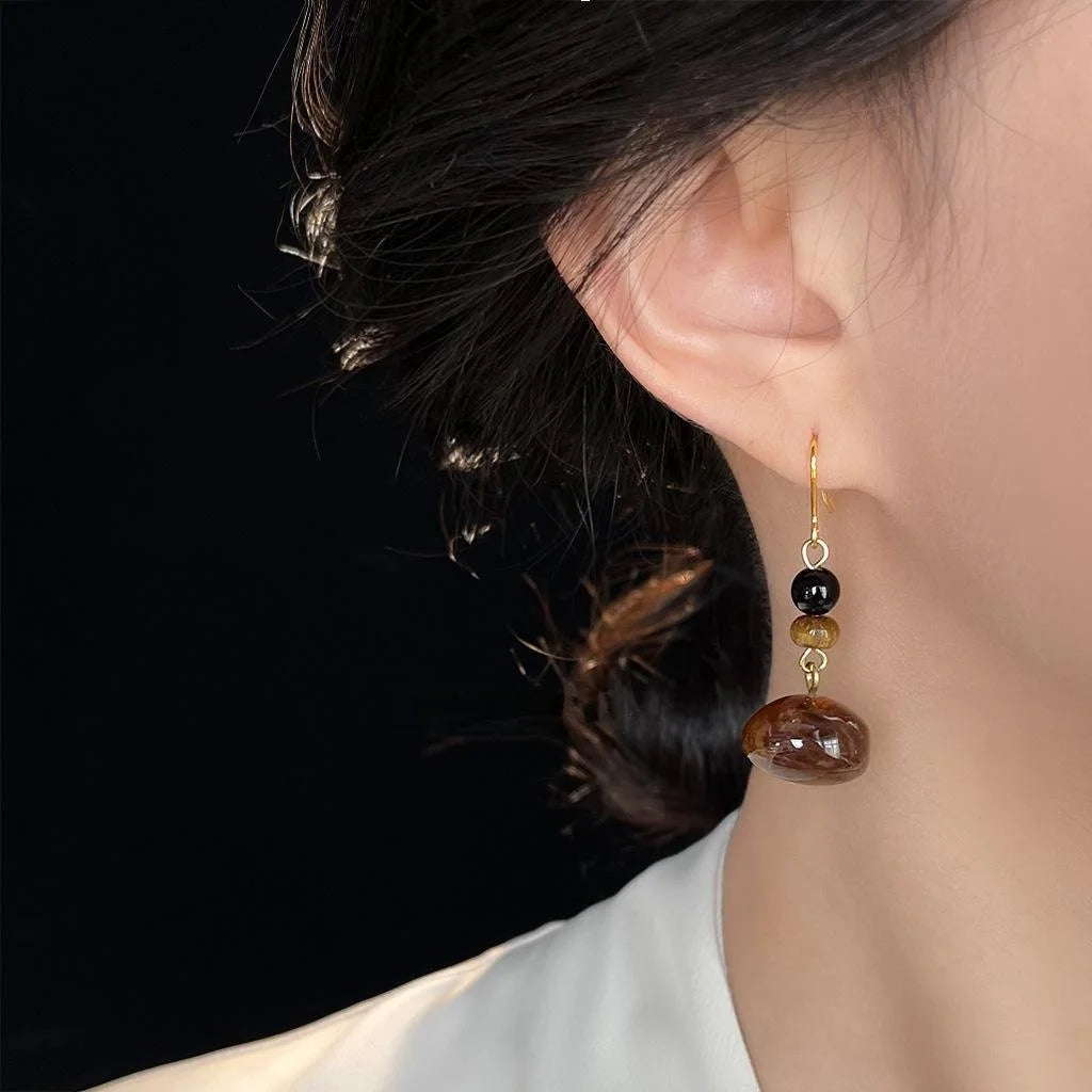 Vintage Chinese Style Dark Brown Tiger Eye Stone Geometric Round Oval Handmade Drop Earrings