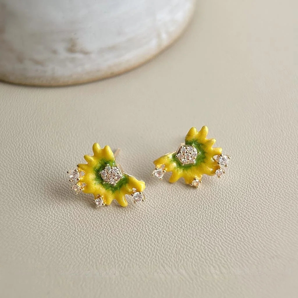 Hand Painted Sunflower Stud Earrings Micro Pave Zircon Copper Fashion Jewelry