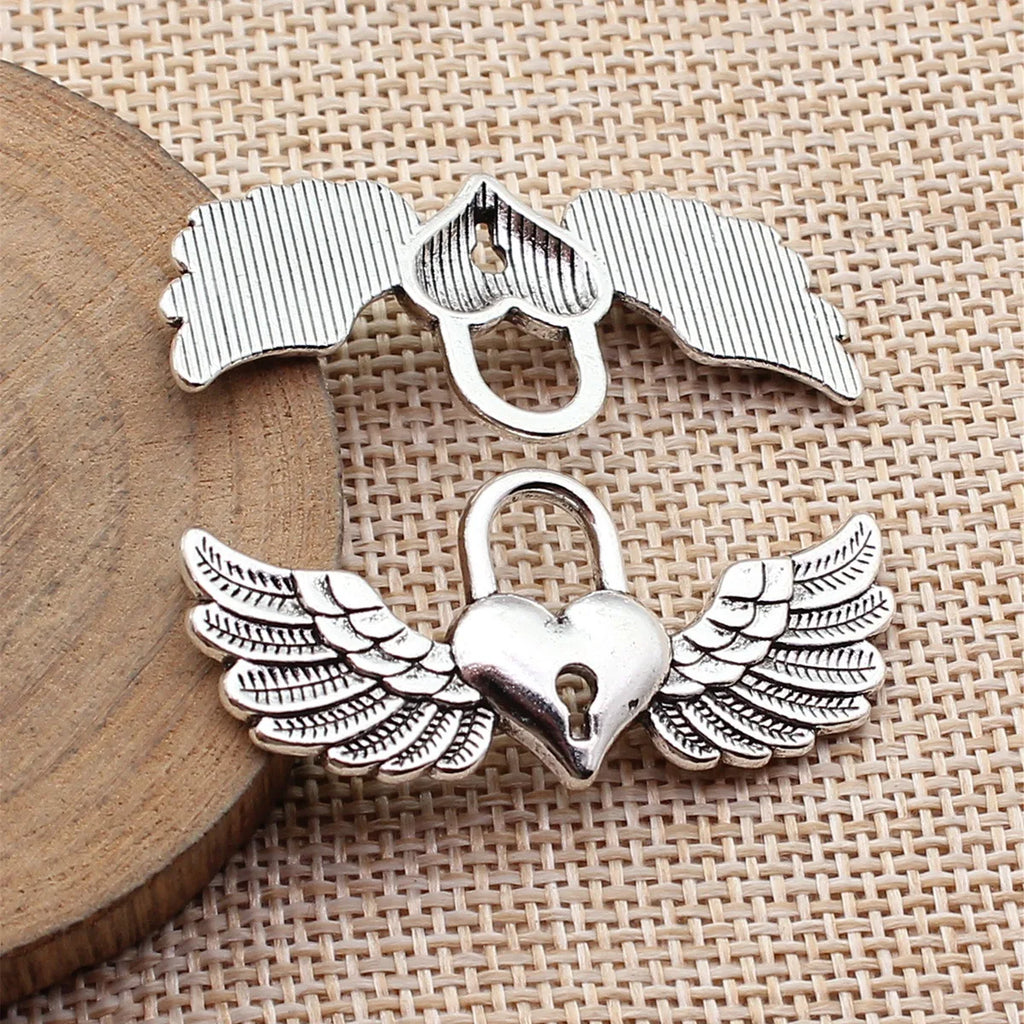 45x20mm 4.8g Antique Silver Zinc Alloy Wing Heart Lock Charm Pendant for DIY Necklace Making