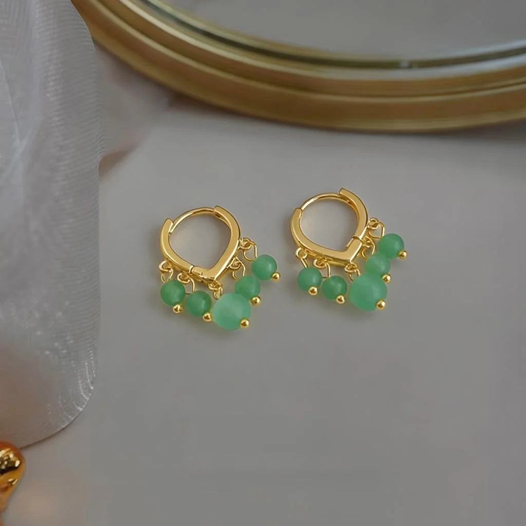 New Chinese Style Aventurine Jade Beaded Heart Tassel Drop Earrings Handmade Elegant Jewelry