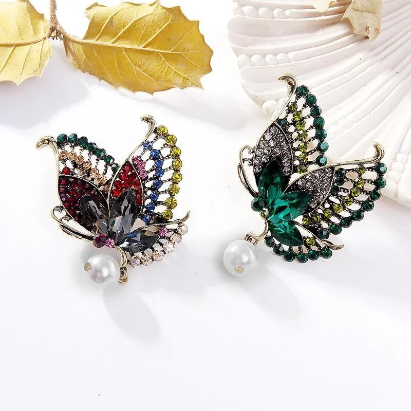 Elegant Green Rhinestone Butterfly Brooch With Faux Pearl Dangle, Alloy Lapel Pin Corsage Gift
