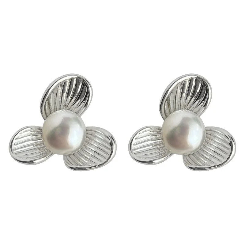 French Vintage Freshwater Pearl Flower Stud Earrings Copper Textured Petal Minimalist Jewelry