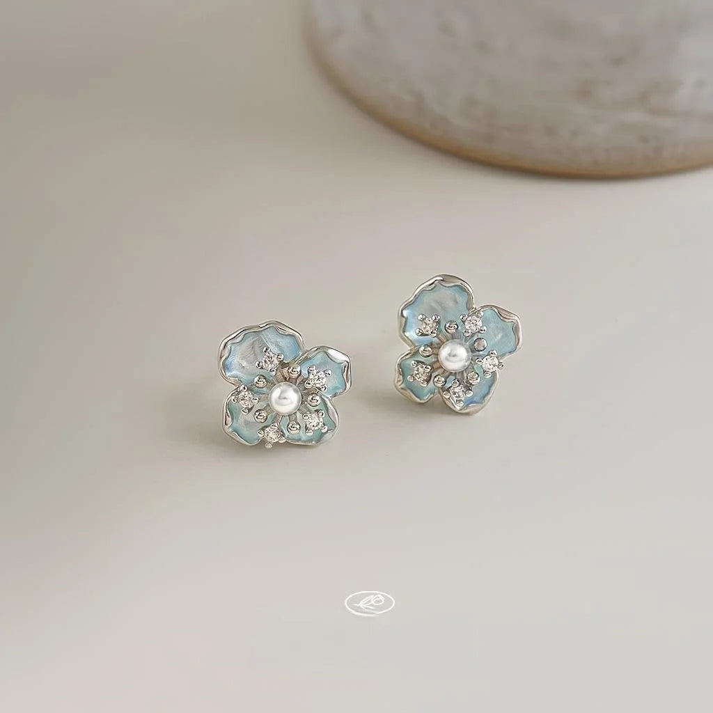 Fresh Sweet Minimalist 3D Blue Flower Stud Earrings Copper Hand Painted Zircon Jewelry