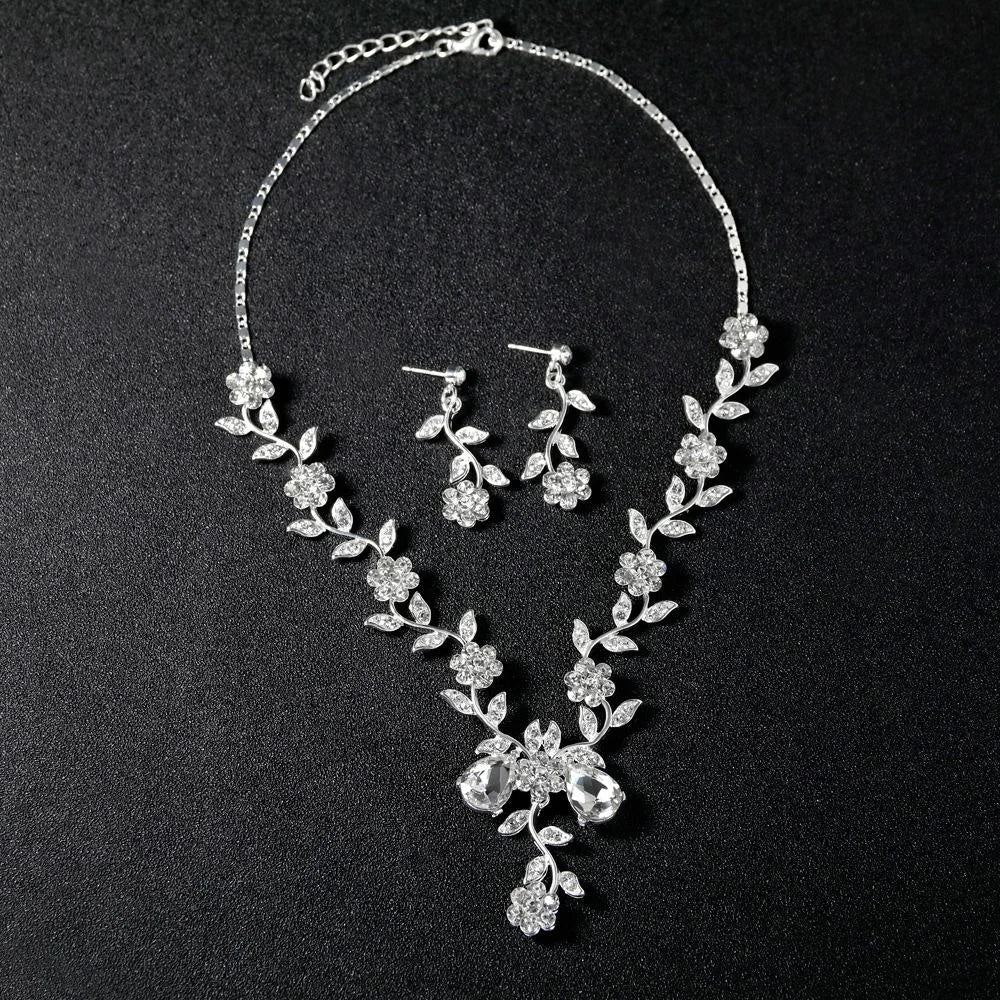 Elegant Bridal Rhinestone Crystal Flower Vine Necklace Earrings Jewelry Set For Wedding Party Gift