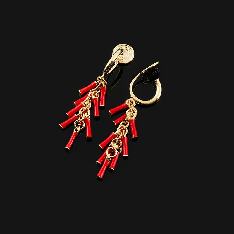 Vintage Red Firecracker Tassel Alloy Enamel Stud & Clip On No Piercing Chinese New Year Earrings