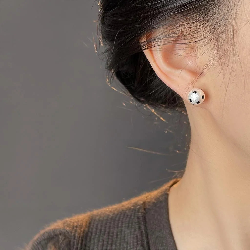 Black White Polka Dot Cotton Pearl Stud Earrings Copper Round Geometric Hepburn Style
