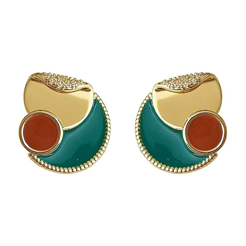 Niche Designer Geometric Enamel Copper Zircon Round Triangle U Shape Stud Earrings for Women