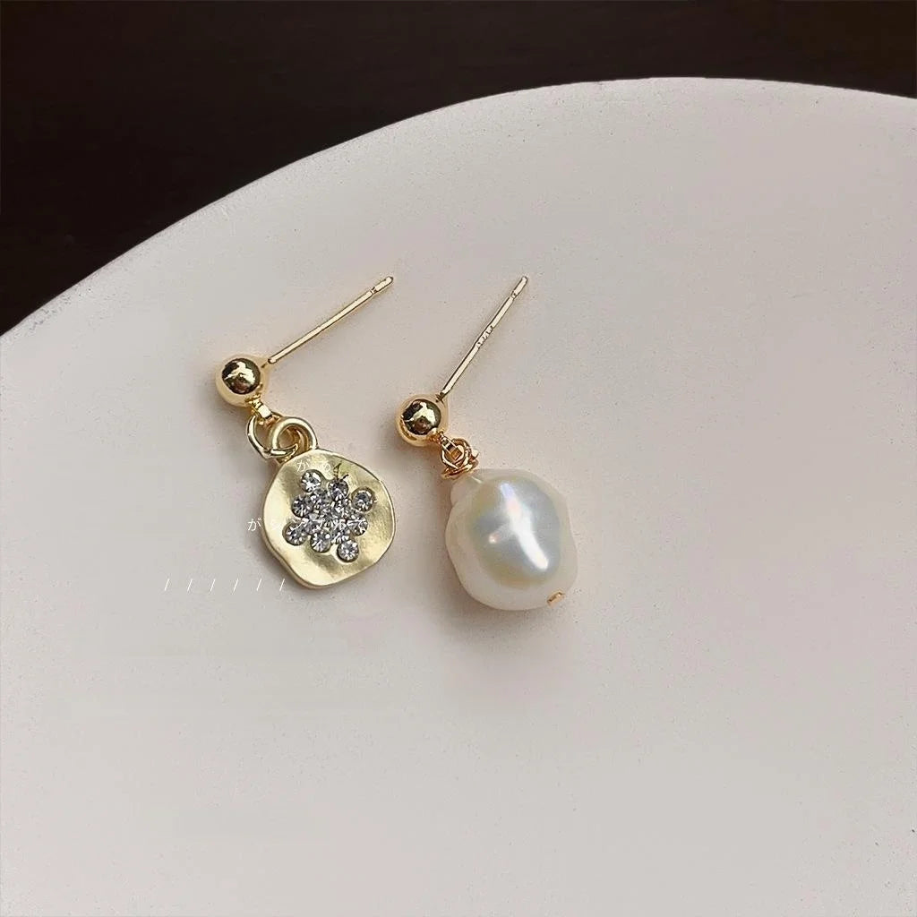 French Vintage Baroque Freshwater Pearl Asymmetric Irregular Copper Drop Earrings
