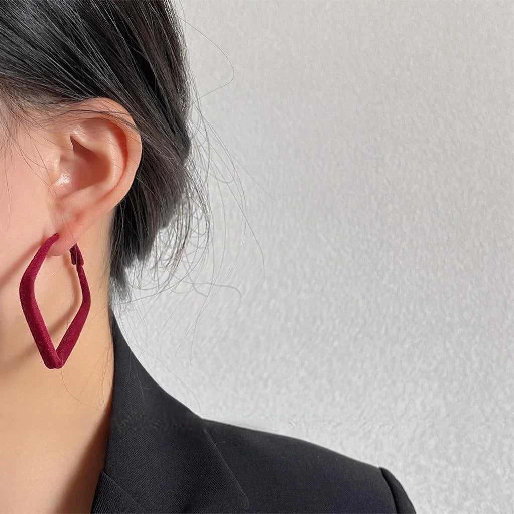 Christmas Burgundy Flocked Geometric Hollow Large Hoop Drop Earrings French Vintage Style