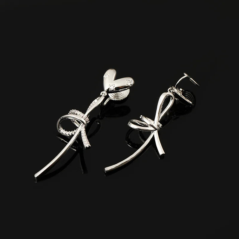 Elegant Luxury Rhinestone Heart Bow Long Drop Stud & Clip On No Piercing Alloy Statement Earrings