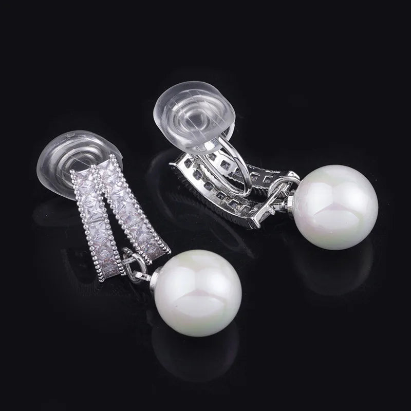 Elegant Geometric Curved Square Zircon Bar With Pearl Drop Stud & Clip On No Piercing Luxury Earrings