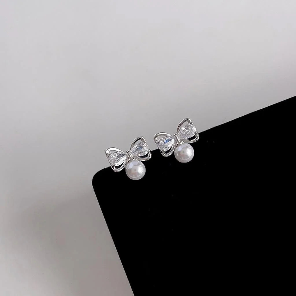 Silver Plated Copper Micro Pave Zircon Bow Stud Earrings Sweet Cute Fashion Jewelry