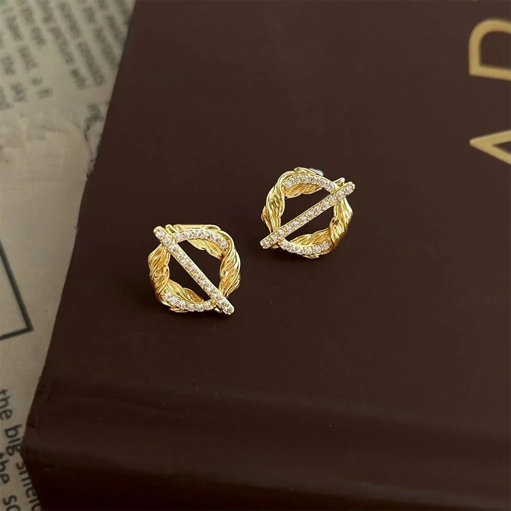 Original Wheat Ear Round Geometric Micro Pave Zircon Copper Stud Earrings