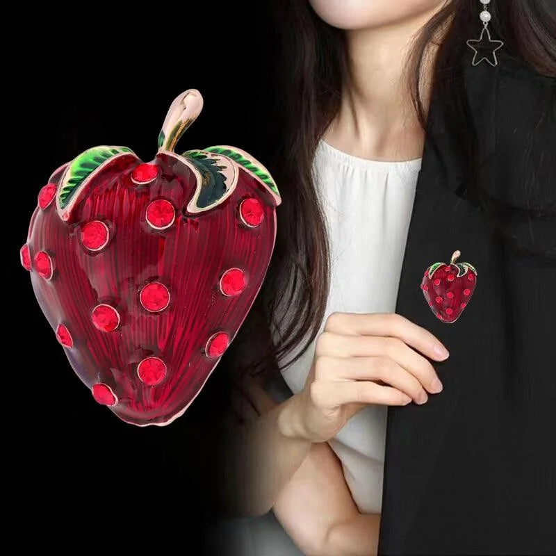 Cute Red Strawberry Brooch With Enamel Alloy And Rhinestone Accents, Elegant Lapel Pin Corsage Gift