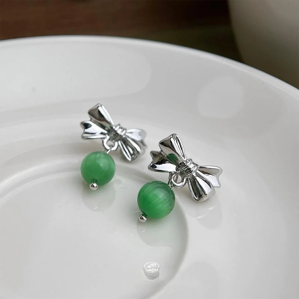Elegant Green Glass Cat Eye Stone Bow Stud Earrings For Women Forest Style Jewelry