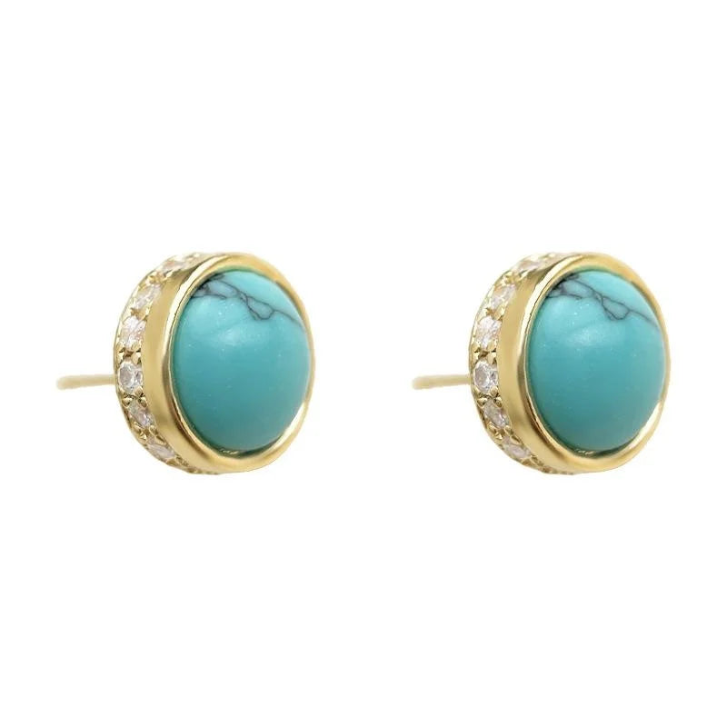 Vintage New Chinese Style Copper Synthetic Turquoise Zircon Round Stud Earrings