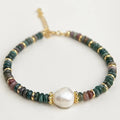 Natural Stone Indian Agate Freshwater Pearl Handmade Ethnic Vintage Geometric Bracelet