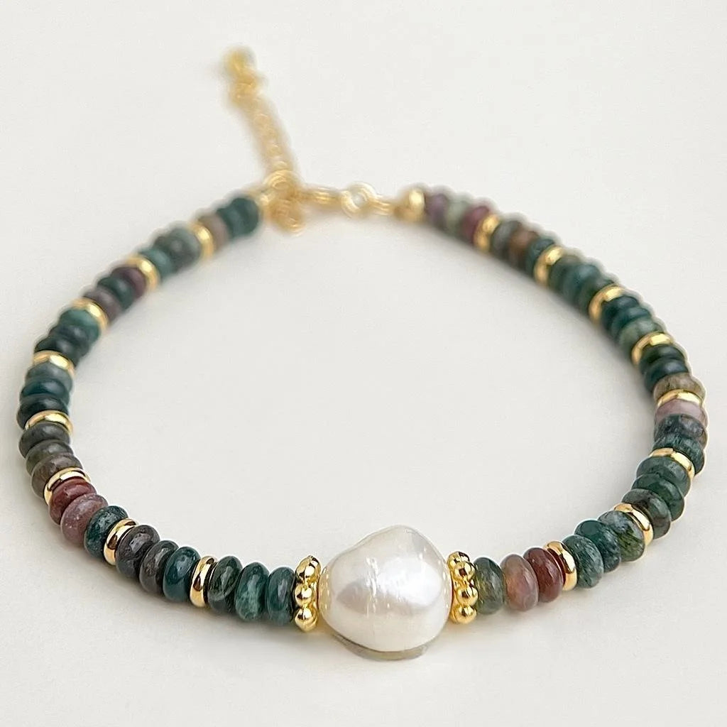 Natural Stone Indian Agate Freshwater Pearl Handmade Ethnic Vintage Geometric Bracelet