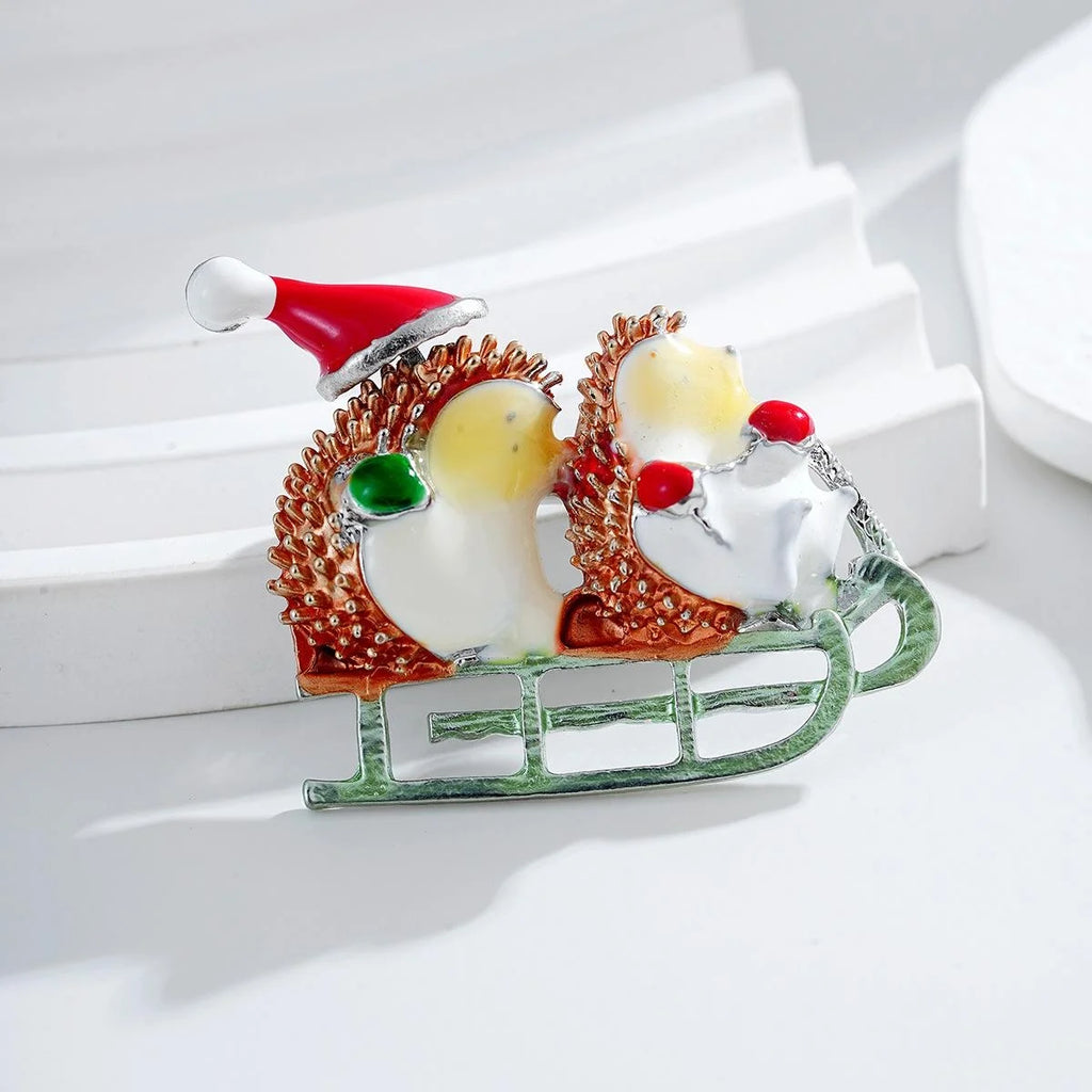 Cute Christmas Hedgehog Sled Enamel Rhinestone Brooch, Festive Alloy Lapel Pin Corsage Gift