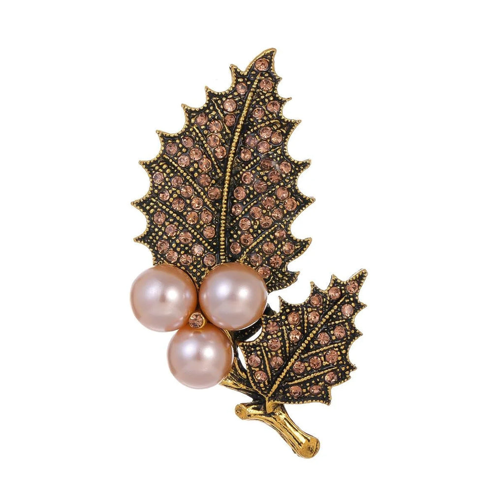 Vintage Maple Leaf Pearl Rhinestone Brooch, Elegant Gold Tone Alloy Lapel Pin Suit Accessory Gift