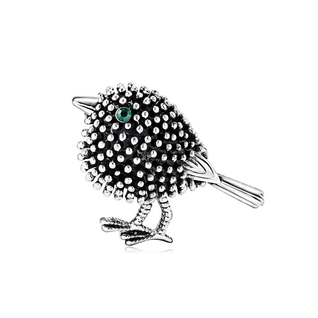 Vintage Gold Tone Alloy Sparrow Bird Brooch With Green Rhinestone Eye, Elegant Lapel Pin Suit Accessory Gift