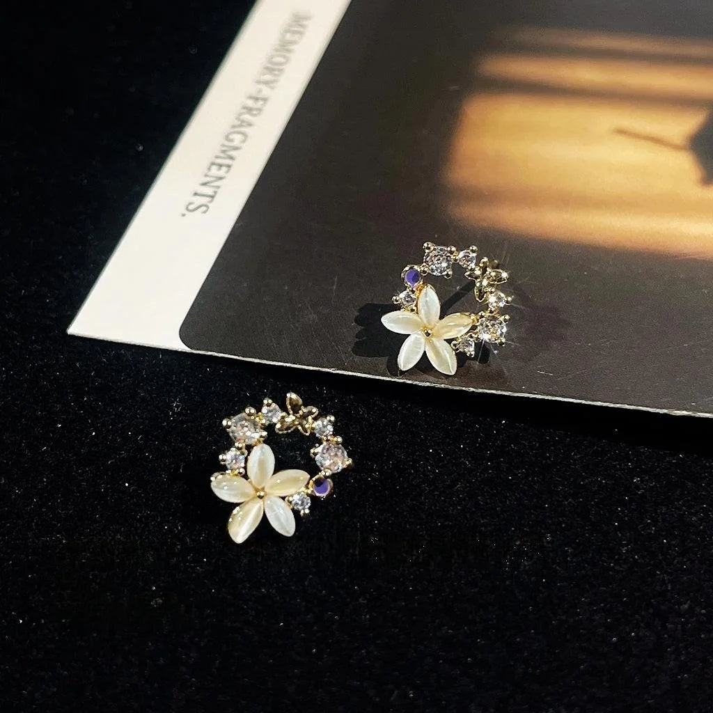 14K Gold Plated Copper Flower Glass Cat Eye Zircon Stud Earrings Sweet Style