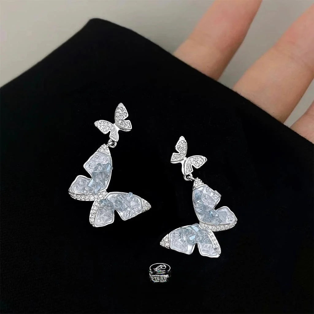 Glacier Blue Micro Pave Zircon Glass Crystal Butterfly Drop Earrings Sweet Copper Summer Jewelry