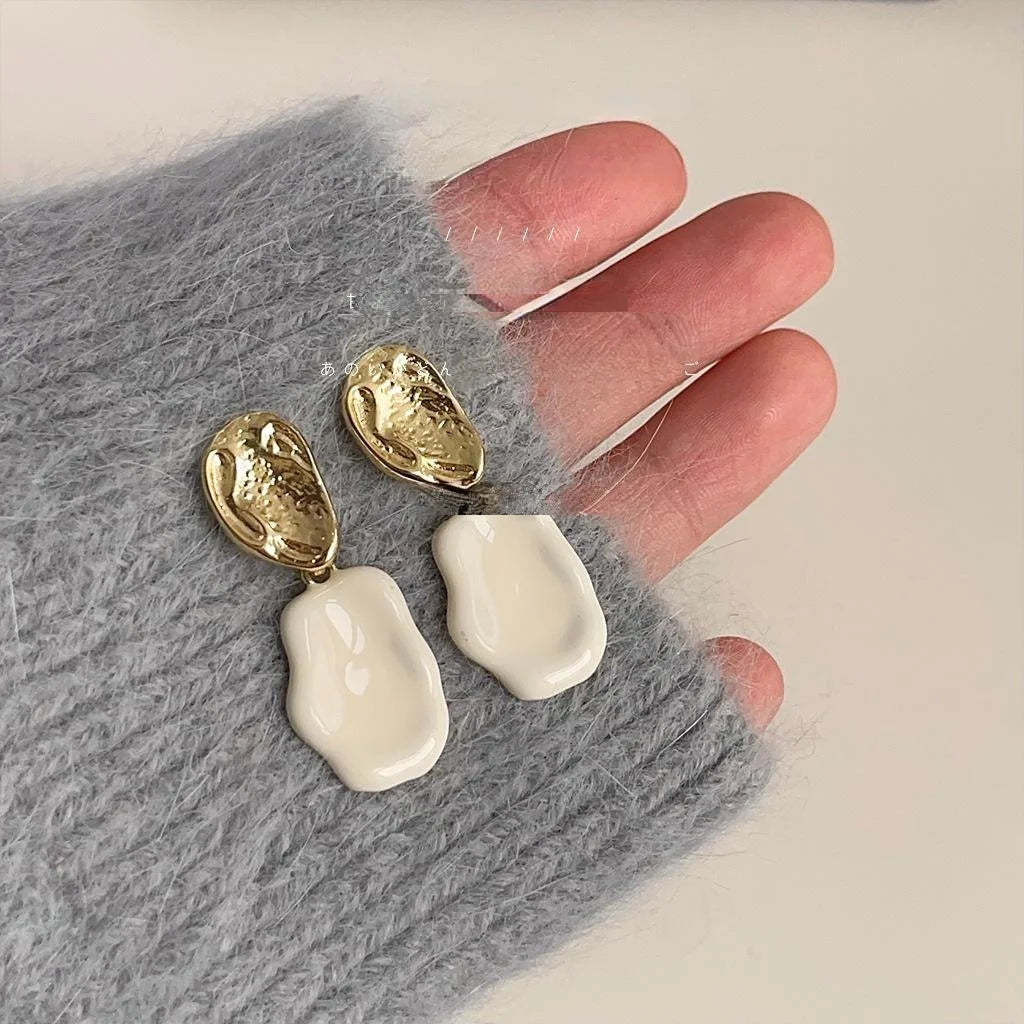 French Milky White Enamel 14K Plated Metal Irregular Geometric Minimalist Drop Earrings