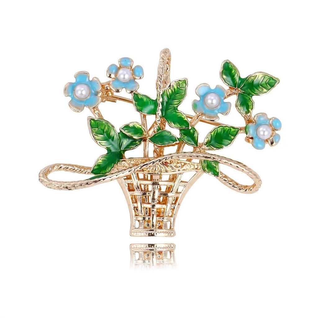 Elegant Enamel Flower Basket Brooch With Faux Pearl Accents, Gold Alloy Lapel Pin Corsage Gift